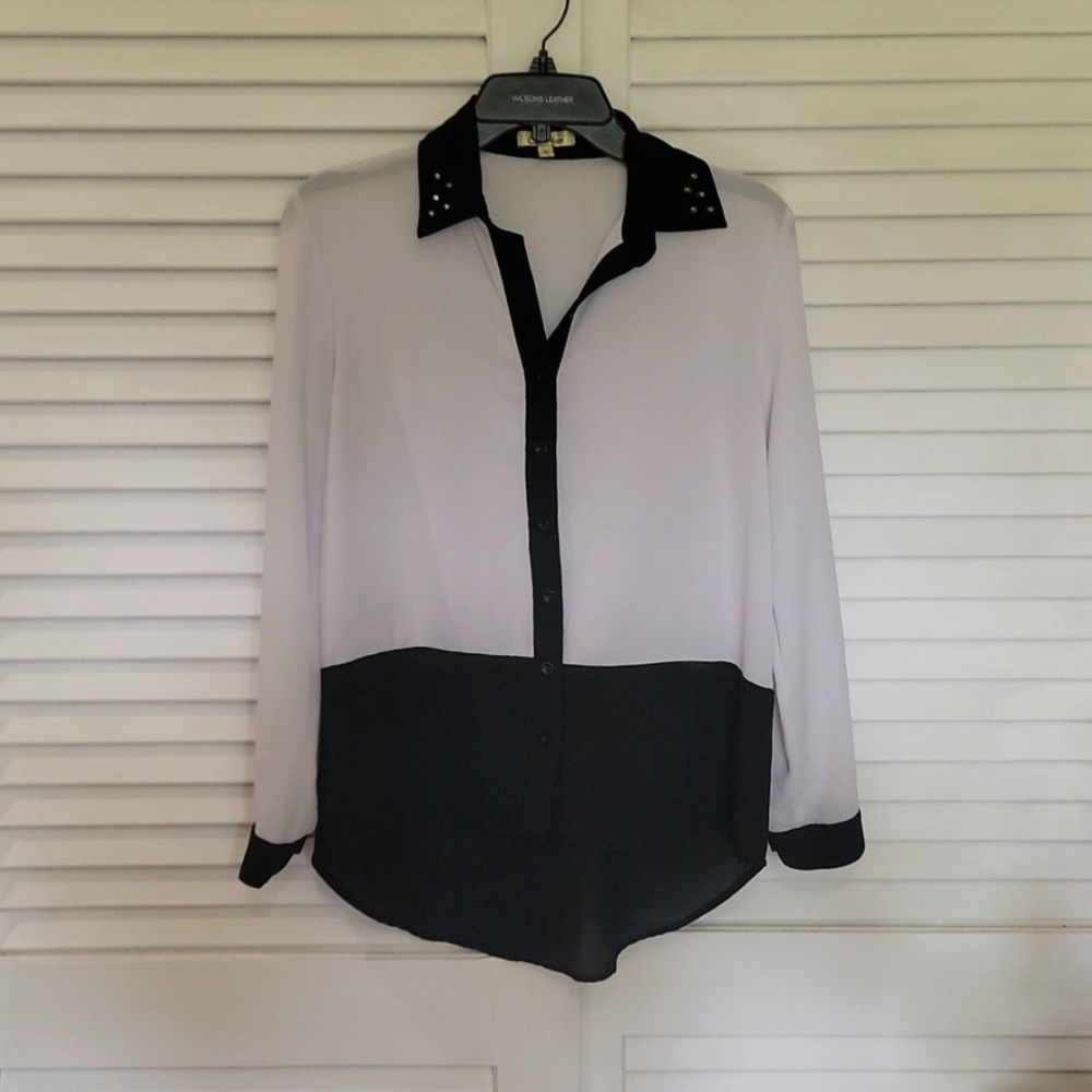 Cecico S Black & White Color Block Sheer Dress Button Up Shirt